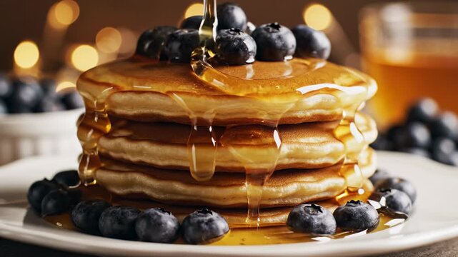 Stack of fluffy pancakes drizzled with golden honey and topped with fresh blueberries, a delicious breakfast treat, perfect for food blogs and recipe websites