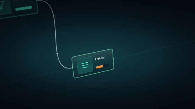 Dynamic AI Workflow Animation Featuring Smooth Camera Movement Through Stages with Deep Background Colors, Glowing Elements, and Futuristic Interface Design