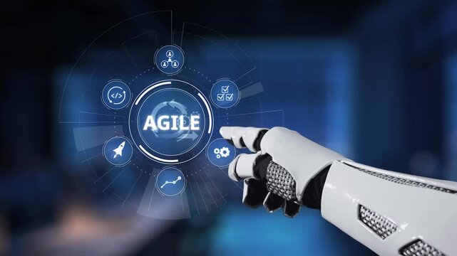 This image features a robotic hand pointing at an interactive digital interface displaying the word "Agile" alongside various icons, symbolizing innovation. Synapse