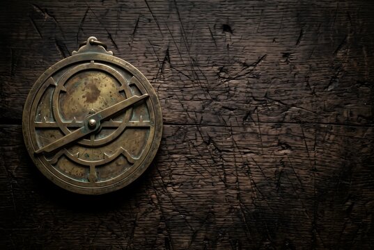 Vintage antique brass astrolabe navigation instrument on dark wooden workbench with copy space