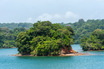 Fototapeta premium Lush vegetation along the Panama Canal with navigation signs positioned near the water's edge. Tropical maritime landscape.