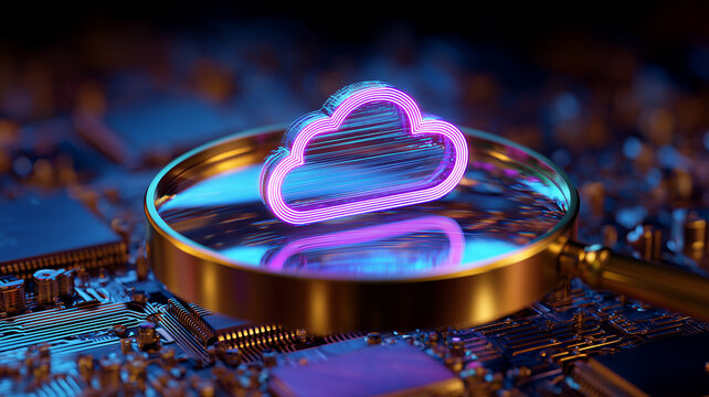 A magnifying glass focused on a cloud icon above circuitry represents cloud computing analysis and secure digital infrastructure monitoring.
