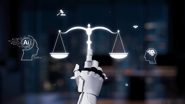 A striking visual of a robotic hand holding a scale representing justice, surrounded by digital icons symbolizing artificial intelligence and law in a modern tech setting. Synapse