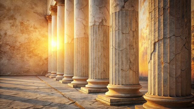 A serene and weathered scene unfolds against a white cracked wall texture background with soft warm sunlight casting a gentle glow on aged stone pilla