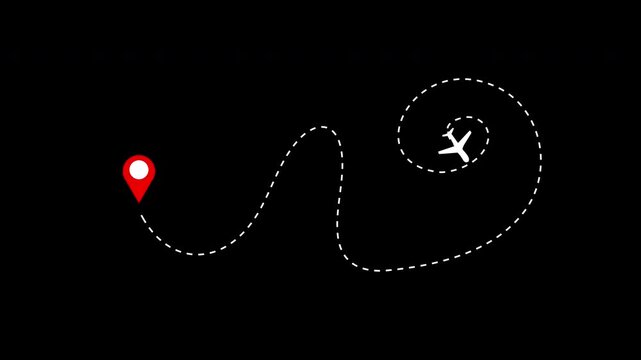 Airplane Flight Path Animation with Location Pin and Dotted Route Trace 4k video