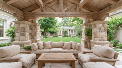 Obraz premium Luxurious Outdoor Living Space with Stone Pillars, Exposed Beams, and Comfortable Seating