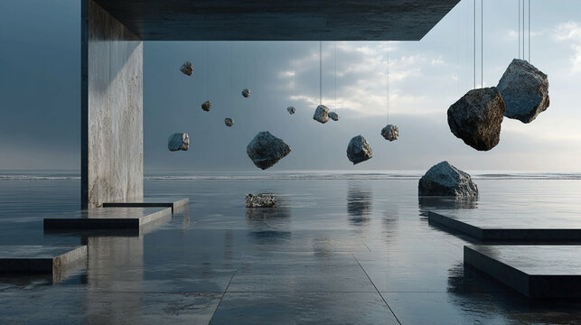 Escape represented via objects floating above constraints surreal minimalism abstract visualization levitating forms symbolic freedom conceptual liberation and dynamic suspended motion