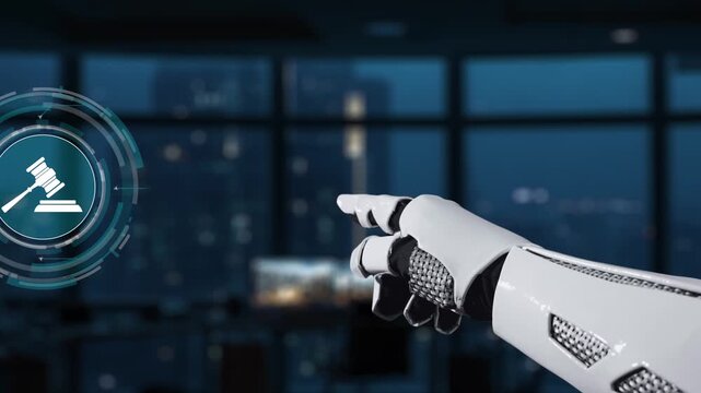 A robotic arm interacts with dynamic legal icons in a sleek office setting, showcasing the intersection of technology and law, emphasizing efficiency and innovation. Synapse