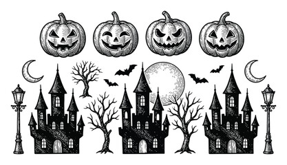 お化け城とジャック・オ・ランタンを描いた手描きハロウィーンセット © Sultana