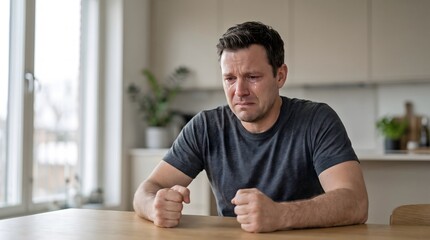 Fototapeta premium Man crying with fists clenched sitting alone at kitchen table