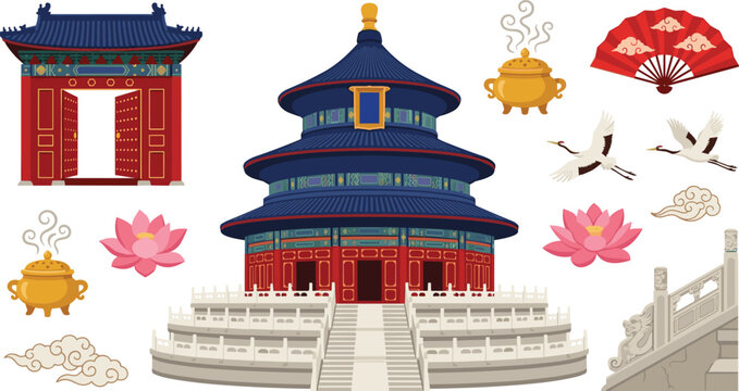 Chinese Temple of Heaven Landmark Vector Set with Traditional Pagoda Gate Incense Burners Lotus Flowers Flying Cranes Hand Fan and Decorative Clouds
