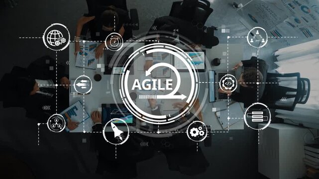 Engaging team meeting in a modern office, showcasing a focus on agile methodology with visual elements that emphasize collaboration and strategic planning. Raster