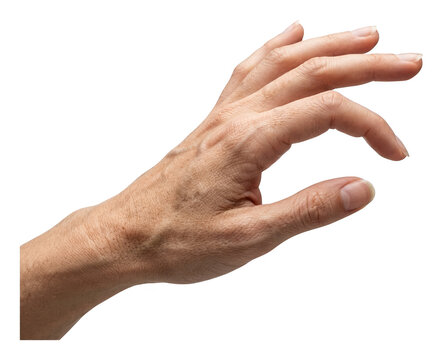 Mature human hand reaching out with fingers extended to grab object isolated transparent background image