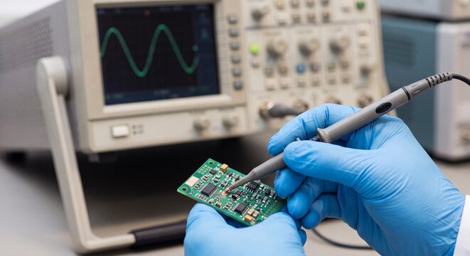 Technician Testing Printed Circuit Board with Oscilloscope Probe