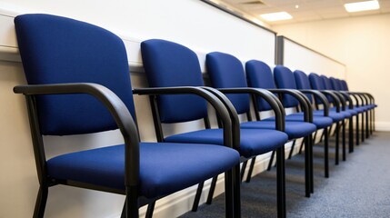 Fototapeta premium Row of blue upholstered waiting room chairs with metal frames, office interior