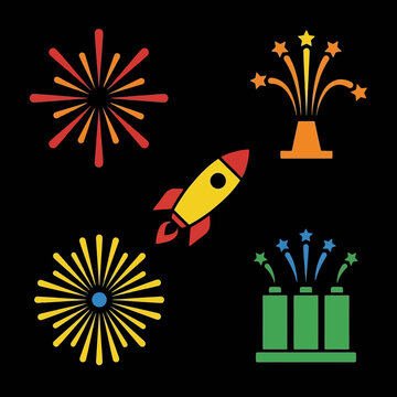 Flat design icons of colorful fireworks and a rocket on a black background
