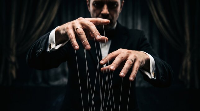 Man in Suit Controlling Puppets with Strings in Dramatic Lighting.