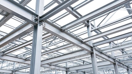 Obraz premium Modern Industrial Steel Frame Structure Construction Site, Architectural Engineering, and Building Materials