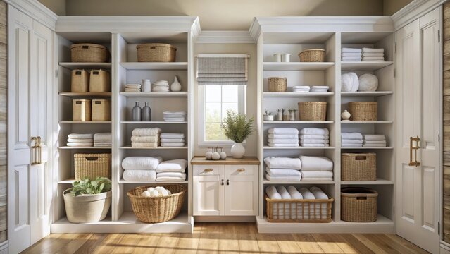A serene bathroom oasis unfolds with an organized linen closet filled with crisp whites woven baskets and neatly folded towels atop wooden shelves ami