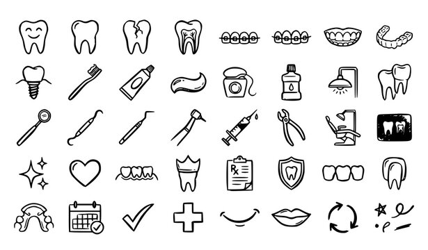 Black dental care doodle vector icon pack featuring tooth dentist tools orthodontic treatment and oral hygiene sketch symbols isolated on white