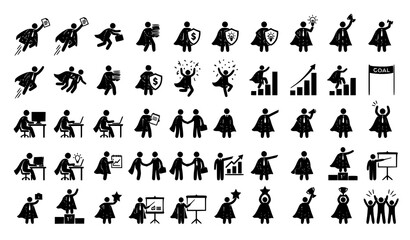 Business superhero stick figure vector icon pack with flying office worker leadership success employer and teamwork pictogram symbols © Munnat