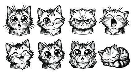 Collection of cute kitten faces showing various emotions and expressions, hand-drawn sketch style.