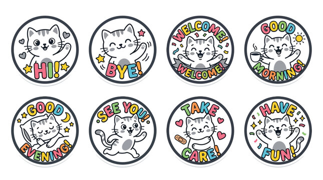 Cute Kawaii Cat Stickers with Various Greetings and Phrases.