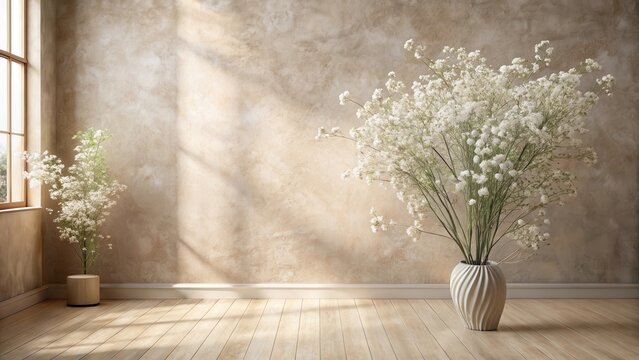 A serene room with gypsum board textured background design features soft pastel hues and delicate white flowers scattered across a tranquil oasis