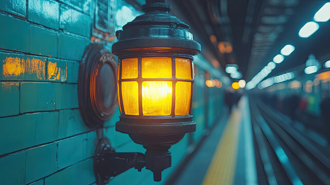 Vintage Subway Lamp Illuminates Station Platform with Moody Atmosphere and Teal Tiled Walls