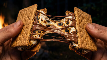 Fototapeta premium Hands pulling apart a toasted s'more. Melted chocolate and marshmallow campfire dessert.