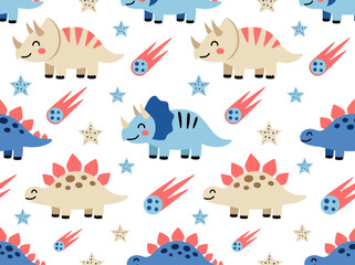 Cute Dinosaur Seamless Pattern with Triceratops, Stegosaurus, Stars and Meteors for Nursery Decor © Butikw