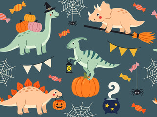 Cute Halloween Dinosaur Seamless Pattern with Pumpkins and Candy © Butikw