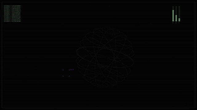 A looping seamless background featuring a wireframe atom with green data panels and bar graph.