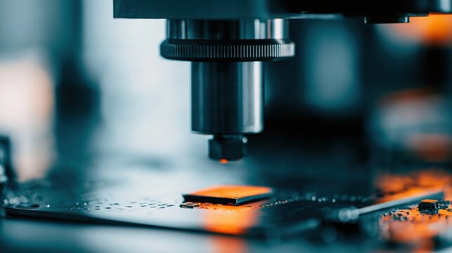 Close-up of intricate electronic circuit board testing with precision industrial equipment