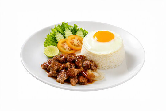 Rice with beef loklak khmer dish