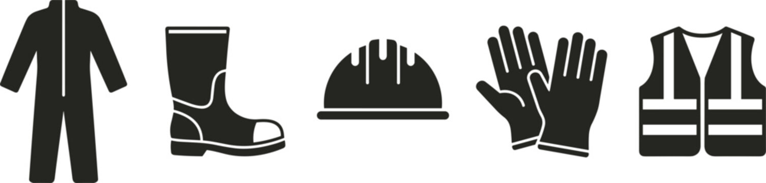 Personal protective equipment vector icons set including coverall boot hard hat gloves and reflective safety vest