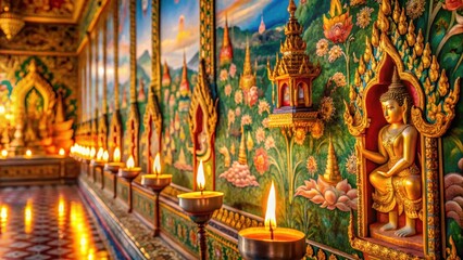Fototapeta premium A delicate handpainted thai pattern adorns ancient temple walls with intricate candle wax motifs of thailands cultural heritage
