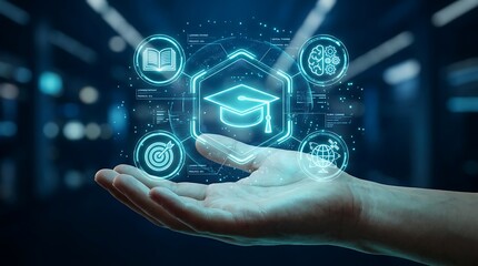 Fototapeta premium Hand holding futuristic digital hologram interface. Business professional interacting with 3D data network in cyber workspace.