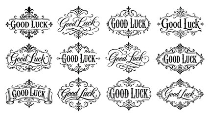 Set of black ornate flourishes and typography frames for good luck cards design elements. © MdJubayer