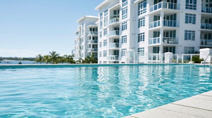 Obraz premium Luxury modern white apartment complex with infinity pool and ocean view
