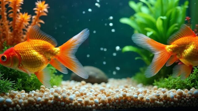 Two vibrant goldfish gracefully swim in a colorful, well-decorated aquarium.