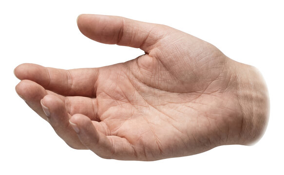 Natural Caucasian human hand with an open, outstretched palm ready to receive isolated transparent background image