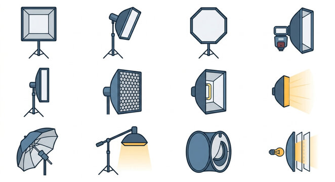 Collection of Professional Photography Lighting Equipment Icons.