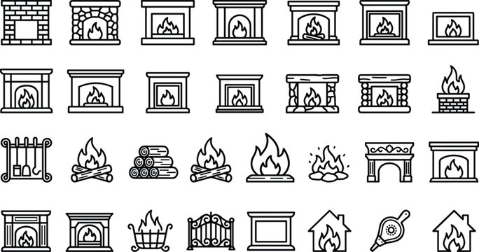 Outline set of fireplace icons, brick, stone, hearth, wood, bellows, chimney, firebox
