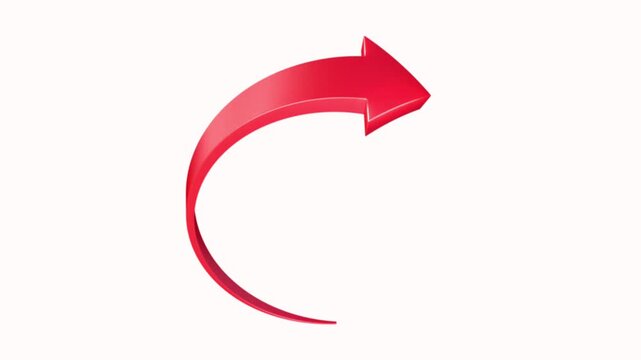 Shiny red 3D curved arrow animated in an arc motion. Ideal for highlighting, pointing, call-to-action, or swipe-up concepts