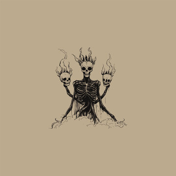 Dark occult skeleton king holding burning skulls with flames, multi-armed grim reaper demon rising from smoke
