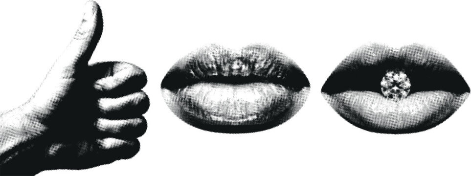 Hand thumbs up with halftone lips in graphic style during monochrome presentation