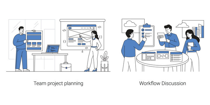 Web design team project planning workflow optimization with user flow wireframes and data analysis flat illustration
