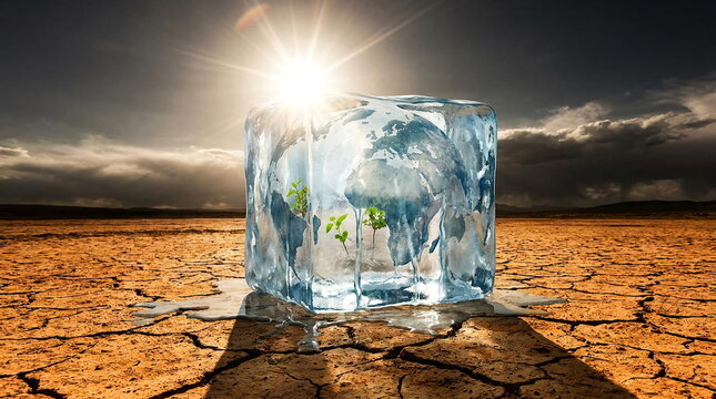 Earth melting inside ice cube on dry cracked ground.