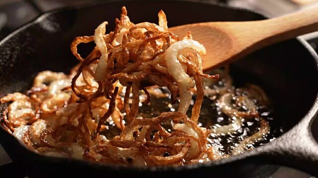 Stirring Crispy Fried Onions in a Hot Cast Iron Skillet